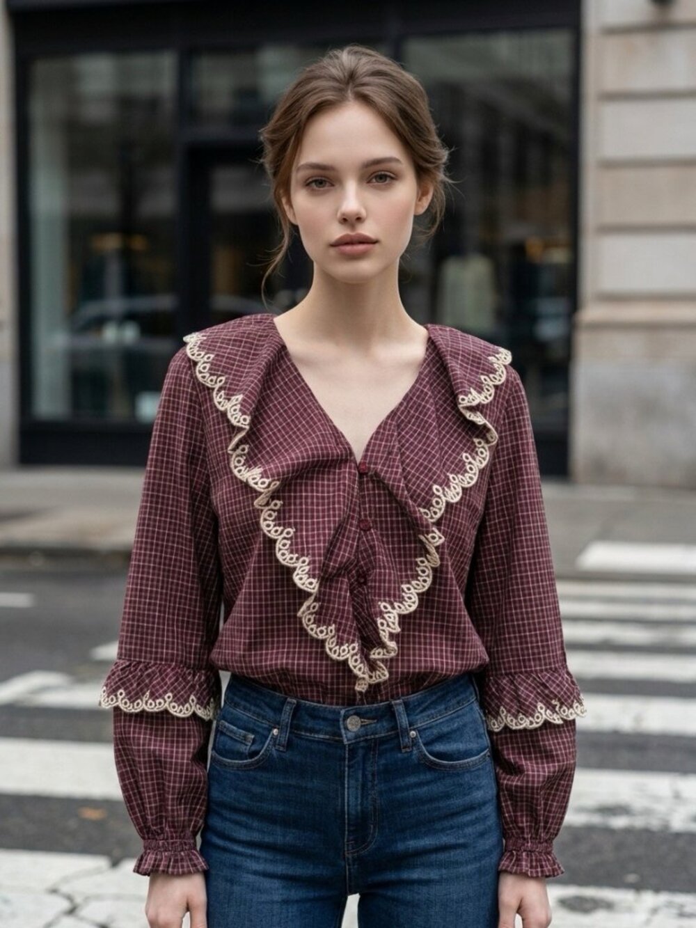 NWT Caroline Constas Plaid Embroidered Ruffle Blouse Burgundy S